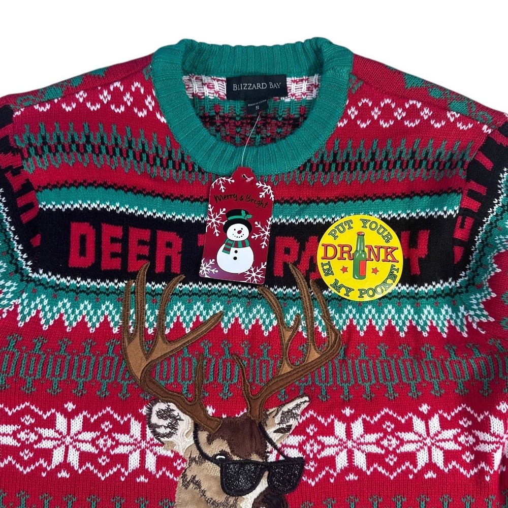 Blizzard Bay Ugly Christmas Sweater Deer Rex Stuff Beer Pocket‎ Mens Small